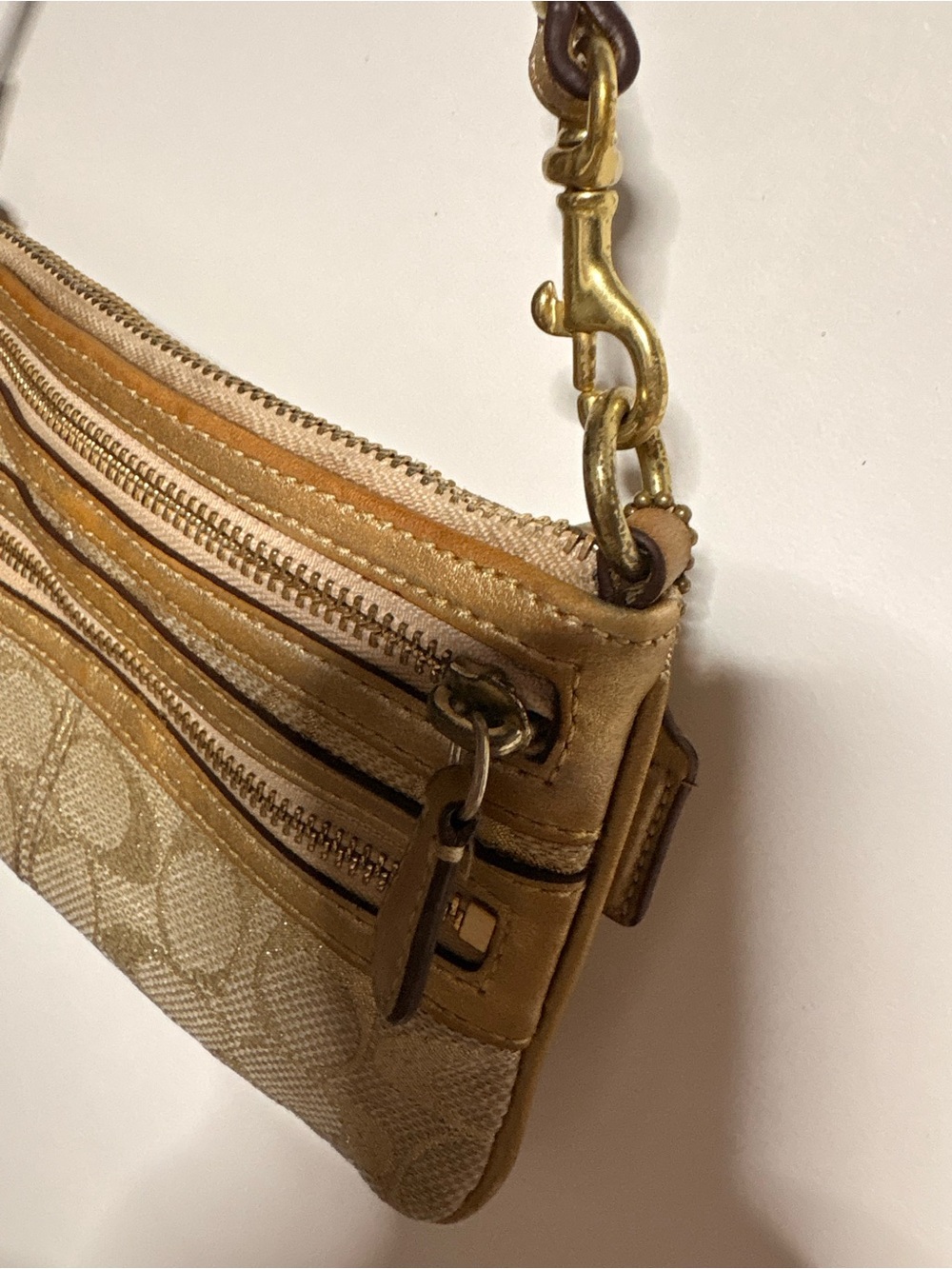 Coach Metallic Gold Signature Canvas Wristlet with Leather Trim - Picture 5 of 8